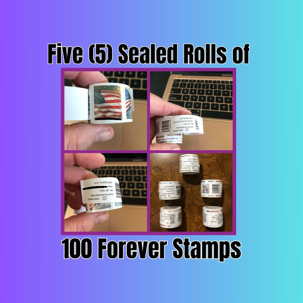 5 Sealed Rolls of Genuine USPS Forever Stamps (500 stamps total) Free Shipping